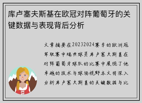 库卢塞夫斯基在欧冠对阵葡萄牙的关键数据与表现背后分析